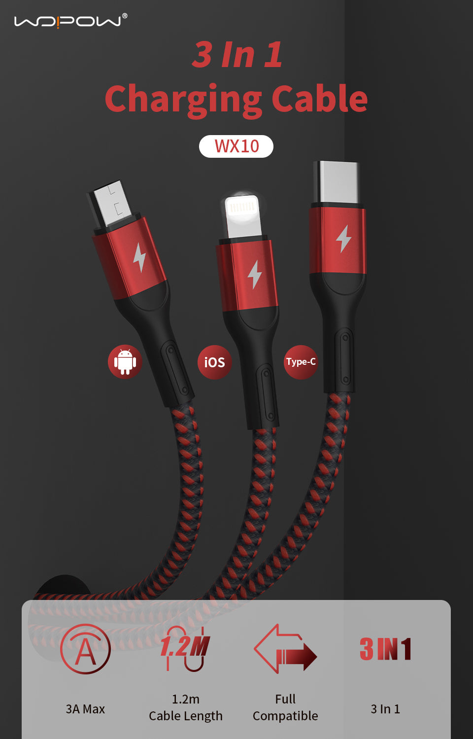 Wopow cable 3 in 1 Type-c Micro Ligiting